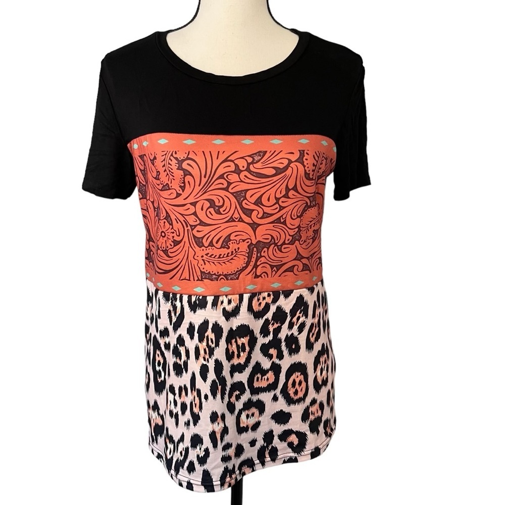 Punchy Western Cheetah Leopard Embroidered Faux Leather Short Sleeve T ShirT